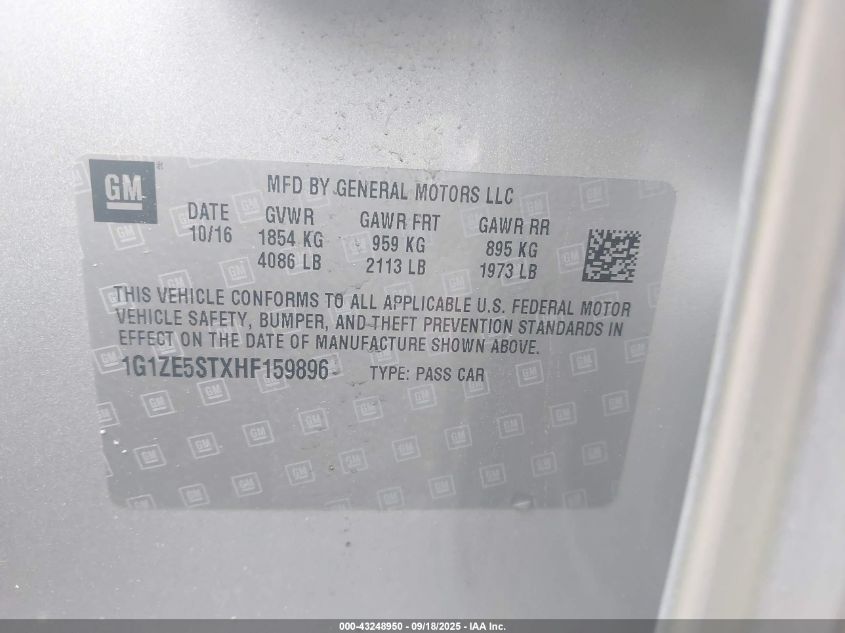 2017 Chevrolet Malibu 1Lt VIN: 1G1ZE5STXHF159896 Lot: 43248950
