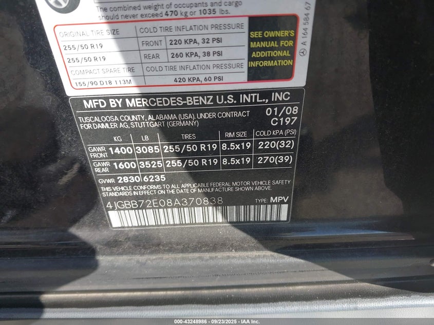 2008 Mercedes-Benz Ml 550 4Matic VIN: 4JGBB72E08A370838 Lot: 43248986