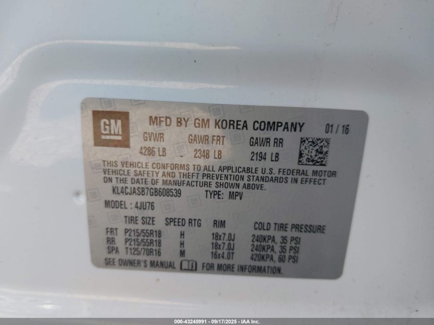 2016 Buick Encore VIN: KL4CJASB7GB608539 Lot: 43248991