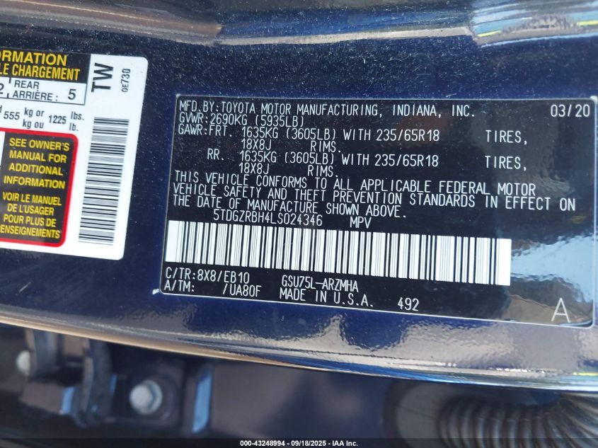 2020 Toyota Highlander Xle VIN: 5TDGZRBH4LS024346 Lot: 43248994