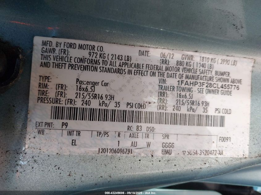 2012 Ford Focus Se VIN: 1FAHP3F28CL455776 Lot: 43249006