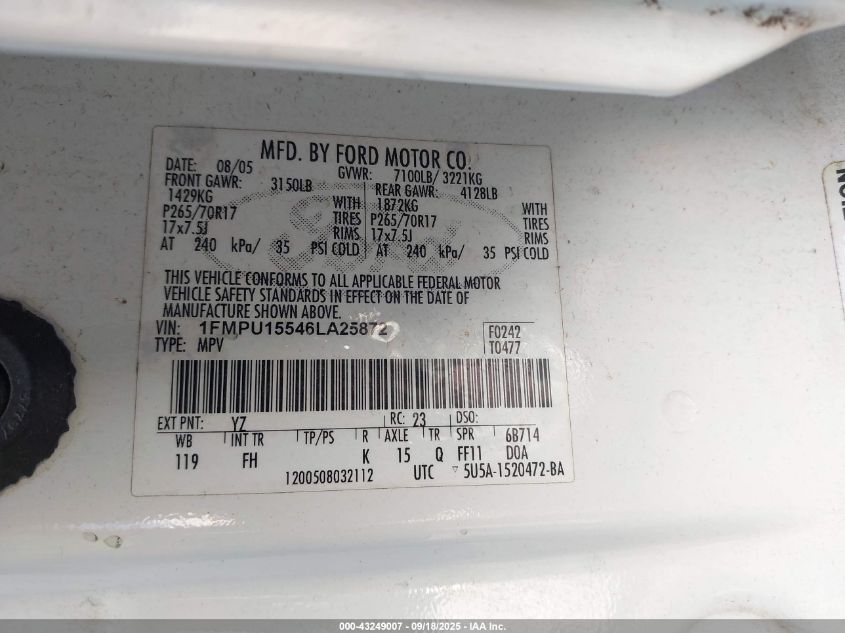 2006 Ford Expedition Xlt/Xlt Sport VIN: 1FMPU15546LA25872 Lot: 43249007