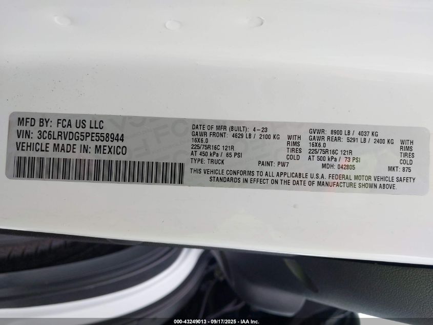 2023 Ram Promaster 2500 High Roof 159 Wb VIN: 3C6LRVDG5PE558944 Lot: 43249013