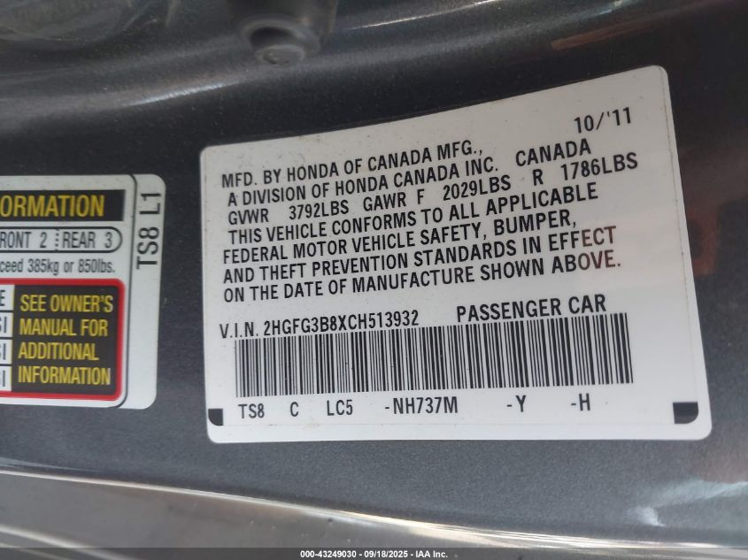 2012 Honda Civic Ex VIN: 2HGFG3B8XCH513932 Lot: 43249030