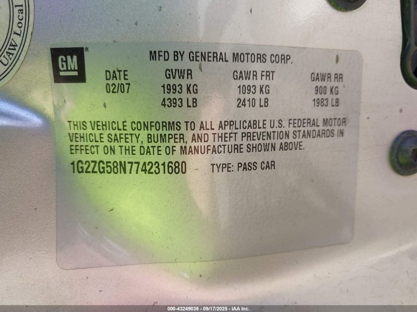 2007 Pontiac G6 VIN: 1G2ZG58N774231680 Lot: 43249036