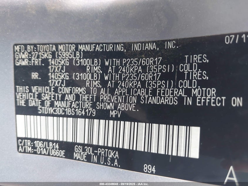 2011 Toyota Sienna Xle V6 VIN: 5TDYK3DC1BS164179 Lot: 43249048