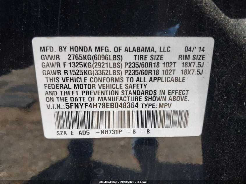 2014 Honda Pilot Ex-L VIN: 5FNYF4H78EB048364 Lot: 43249049