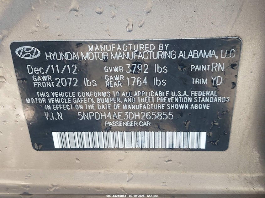 2013 Hyundai Elantra Gls VIN: 5NPDH4AE3DH265855 Lot: 43249051