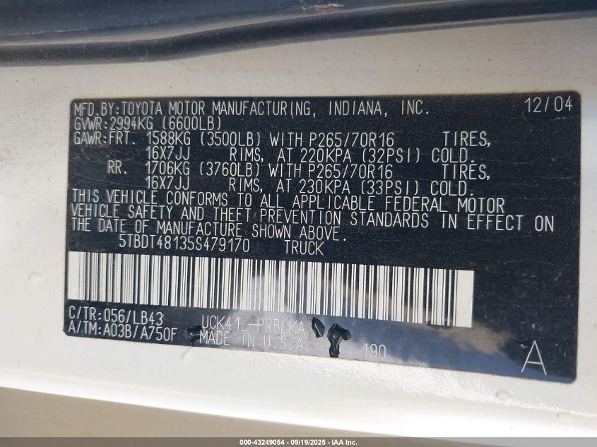 2005 Toyota Tundra Limited V8 VIN: 5TBDT48135S479170 Lot: 43249054