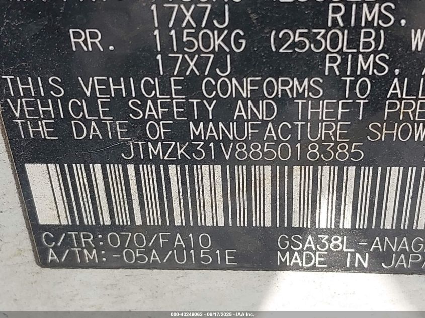 2008 Toyota Rav4 Limited V6 VIN: JTMZK31V885018385 Lot: 43249062