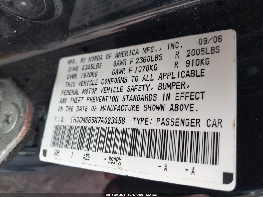 1HGCM665X7A023458 2007 HONDA ACCORD photo no. 9