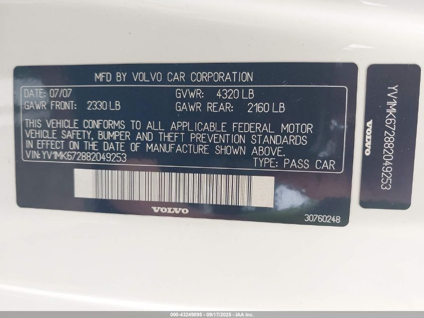 2008 Volvo C30 T5 R-Design/T5 Version 1.0/T5 Version 2.0 VIN: YV1MK672882049253 Lot: 43249095