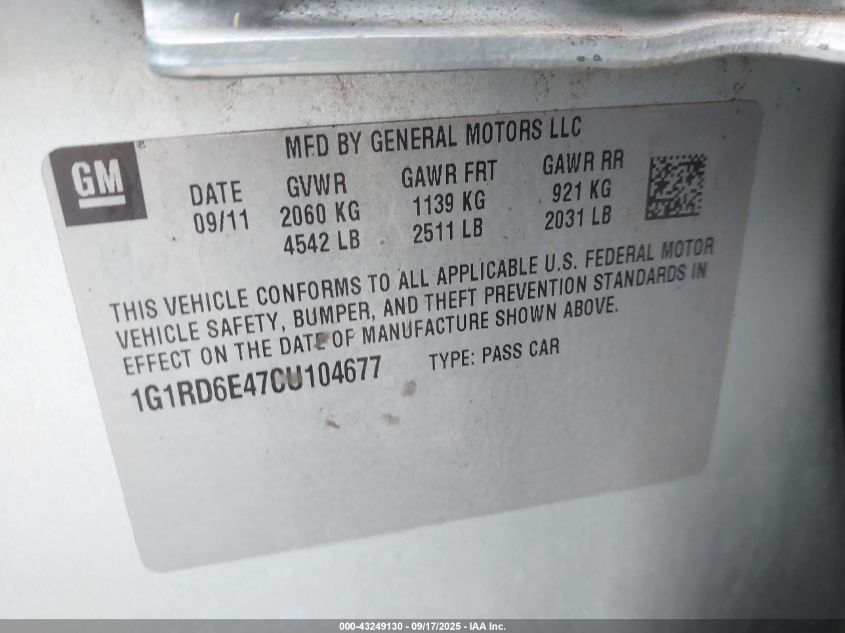 2012 Chevrolet Volt VIN: 1G1RD6E47CU104677 Lot: 43249130