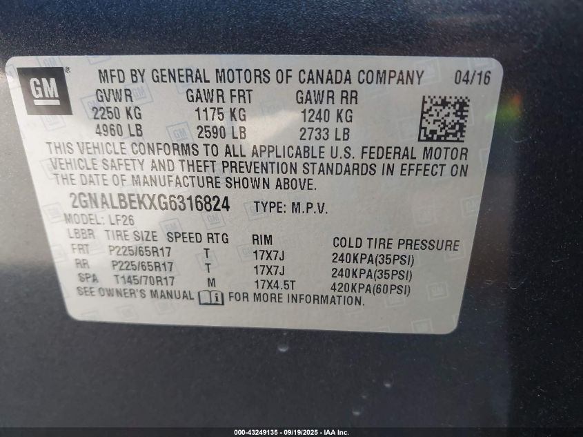 2016 Chevrolet Equinox Ls VIN: 2GNALBEKXG6316824 Lot: 43249135