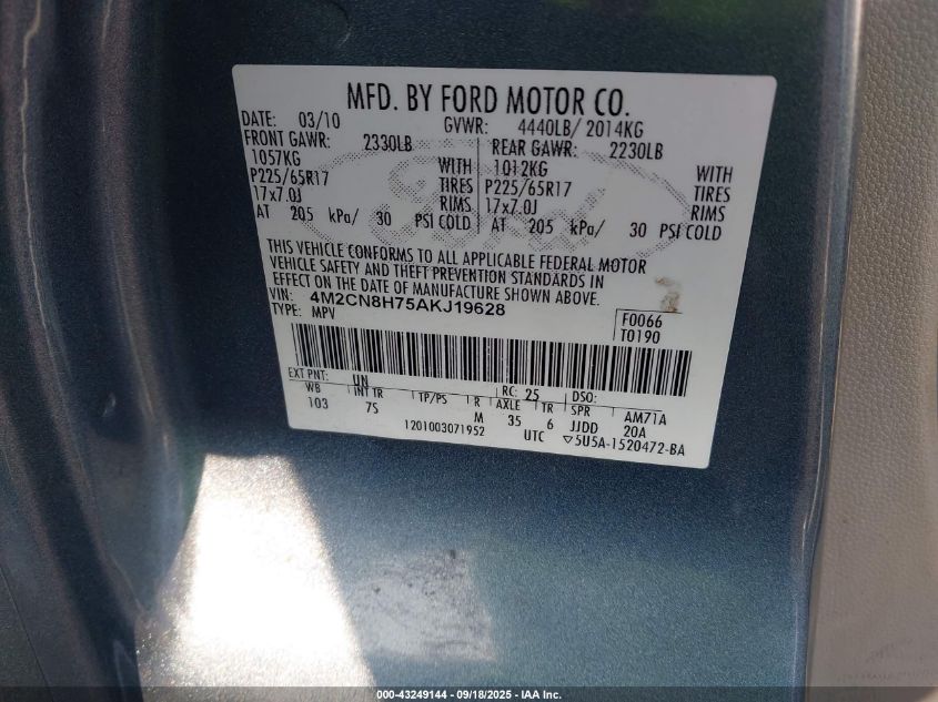 2010 Mercury Mariner Premier VIN: 4M2CN8H75AKJ19628 Lot: 43249144