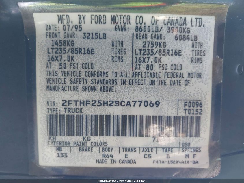 1995 Ford F250 VIN: 2FTHF25H2SCA77069 Lot: 43249151