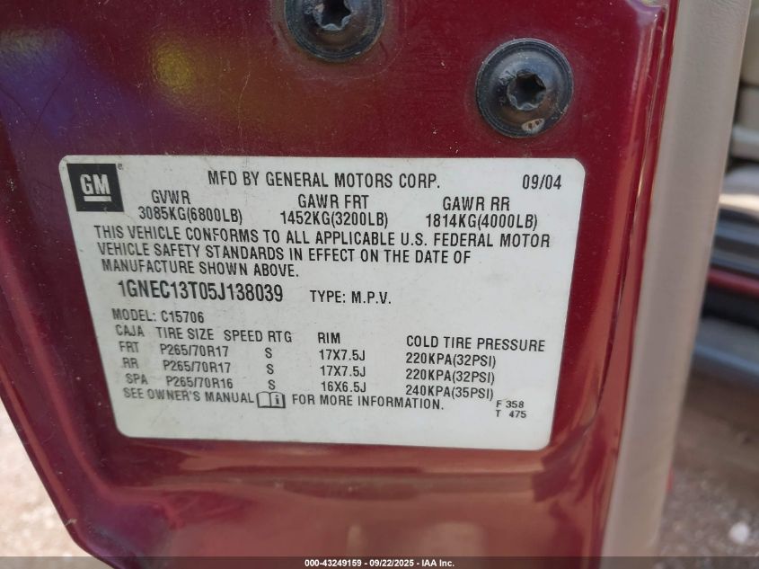 2005 Chevrolet Tahoe Lt VIN: 1GNEC13T05J138039 Lot: 43249159