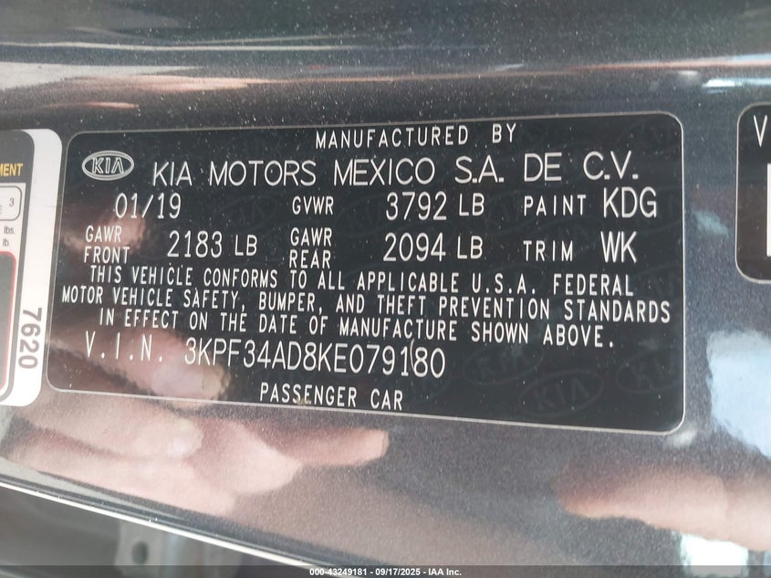 2019 KIA FORTE S - 3KPF34AD8KE079180