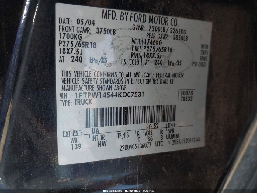 2004 Ford F-150 VIN: 1FTPW14544KD07531 Lot: 43249203