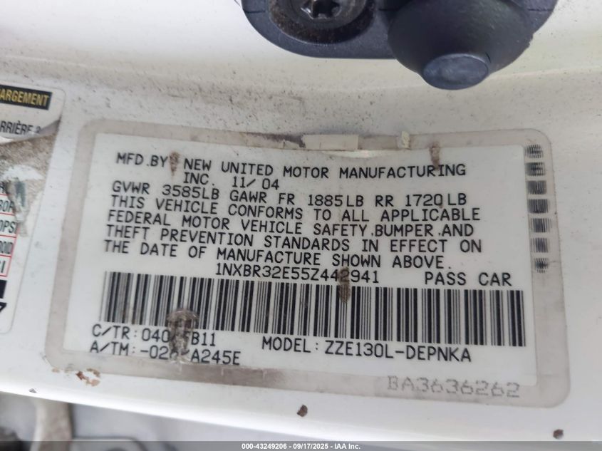 2005 Toyota Corolla Le VIN: 1NXBR32E55Z442941 Lot: 43249206