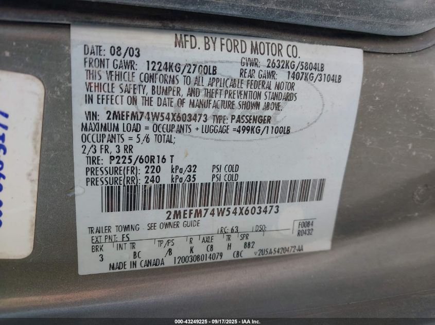 2004 Mercury Grand Marquis Gs VIN: 2MEFM74W54X603473 Lot: 43249225