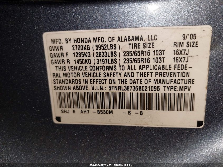 2006 Honda Odyssey Ex-L VIN: 5FNRL38736B021095 Lot: 43249228