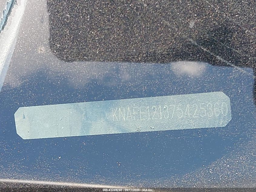 2007 Kia Spectra Ex VIN: KNAFE121375425360 Lot: 43249248