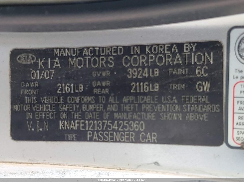 2007 Kia Spectra Ex VIN: KNAFE121375425360 Lot: 43249248