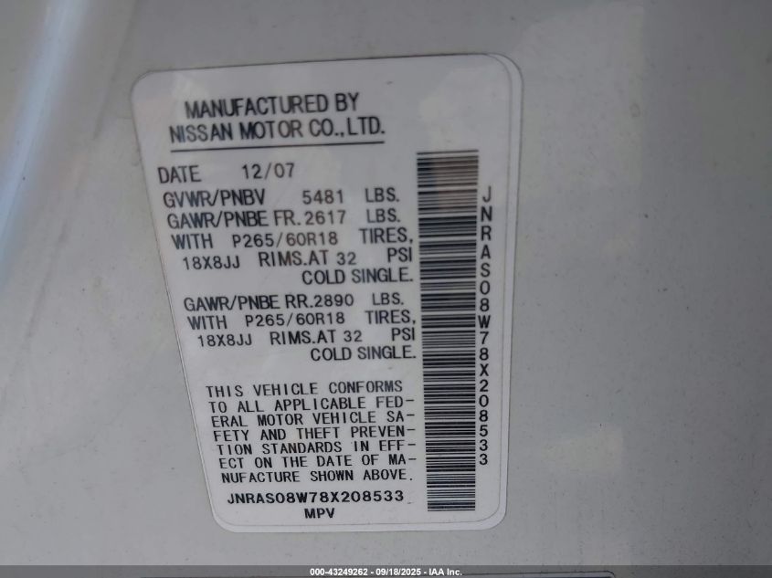 2008 Infiniti Fx35 VIN: JNRAS08W78X208533 Lot: 43249262