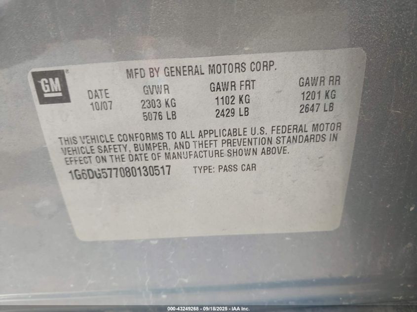 2008 Cadillac Cts Standard VIN: 1G6DG577080130517 Lot: 43249268