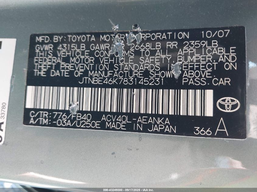 2008 Toyota Camry Le/Se/Xle VIN: JTNBE46K783145231 Lot: 43249300