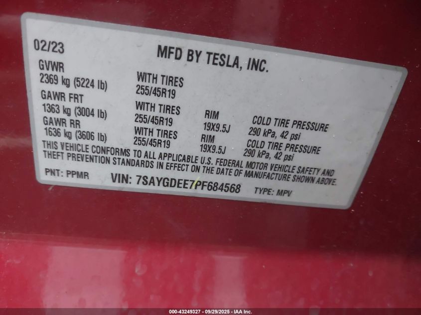 2023 Tesla Model Y Awd/Long Range Dual Motor All-Wheel Drive VIN: 7SAYGDEE7PF684568 Lot: 43249327