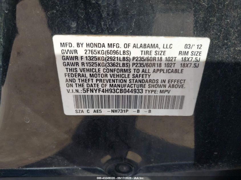 2012 Honda Pilot Touring VIN: 5FNYF4H93CB044933 Lot: 43249328