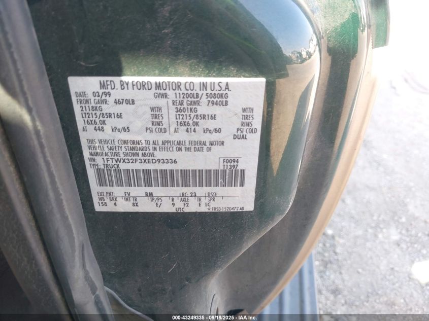 1999 Ford F-350 VIN: 0FTWX32F3XED93336 Lot: 43249335