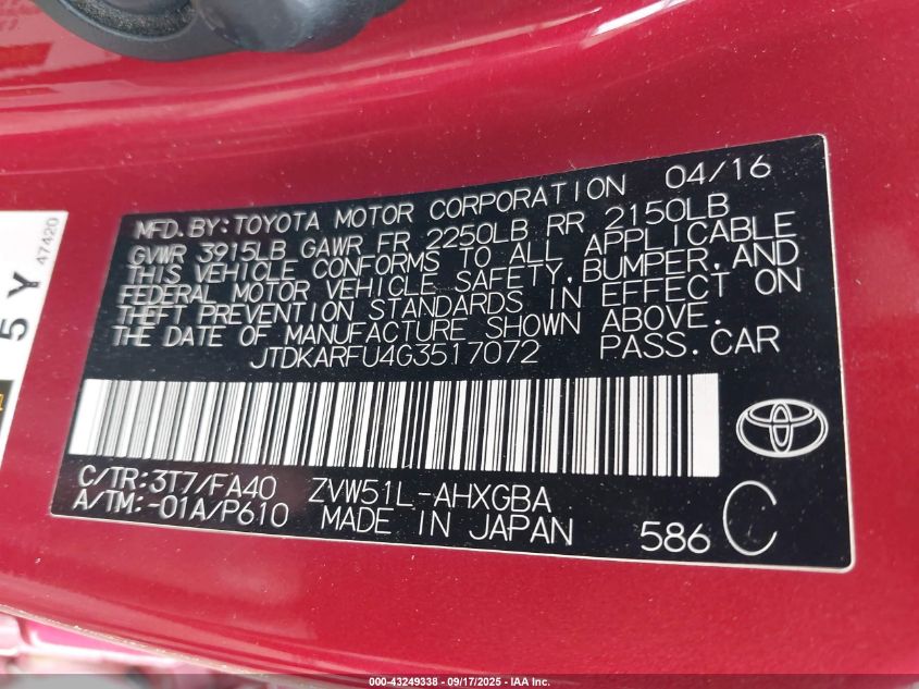 2016 Toyota Prius Three VIN: JTDKARFU4G3517072 Lot: 43249338