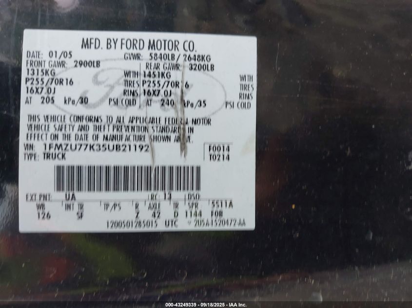 2005 Ford Explorer Sport Trac Adrenalin/Xls/Xlt VIN: 1FMZU77K35UB21192 Lot: 43249339