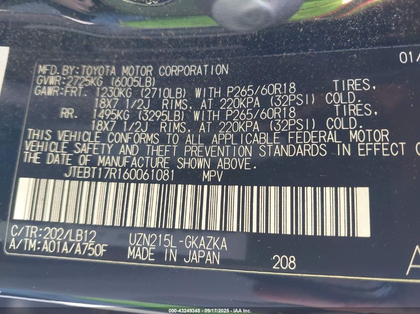 2006 Toyota 4Runner Limited V8 VIN: JTEBT17R160061081 Lot: 43249348