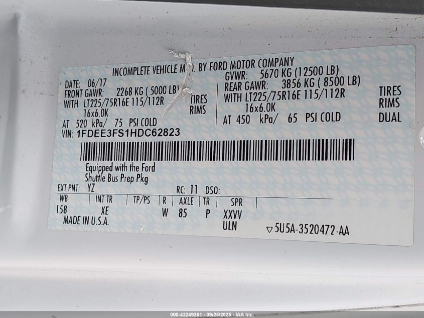 2017 Ford E-350 Cutaway VIN: 1FDEE3FS1HDC62823 Lot: 43249361