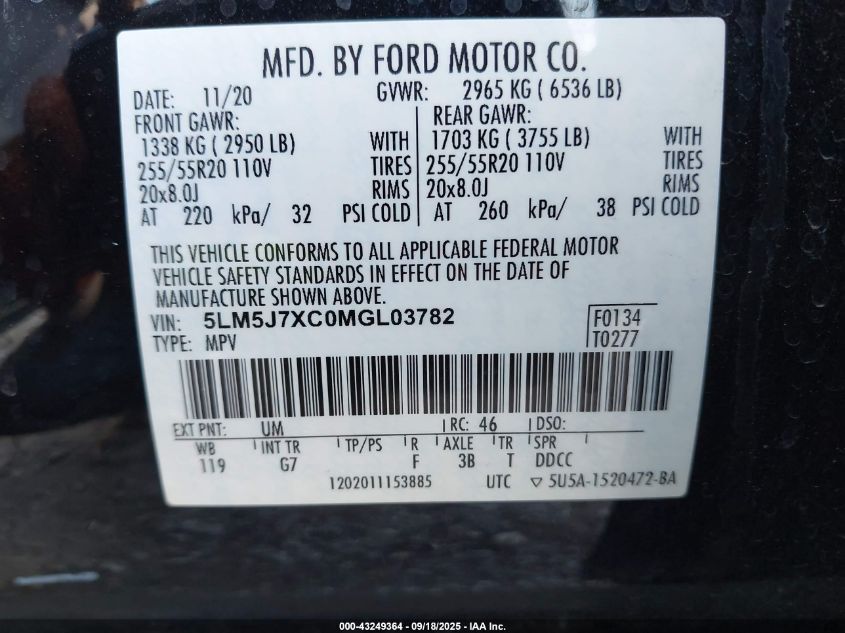 2021 Lincoln Aviator Reserve VIN: 5LM5J7XC0MGL03782 Lot: 43249364