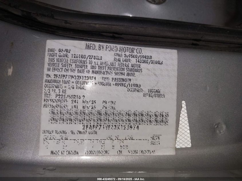 2003 Ford Crown Victoria Police VIN: 2FAFP71W23X123974 Lot: 43249372