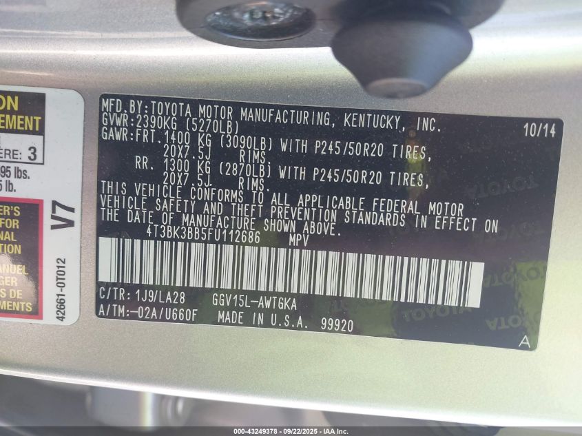 2015 Toyota Venza Xle V6 VIN: 4T3BK3BB5FU112686 Lot: 43249378