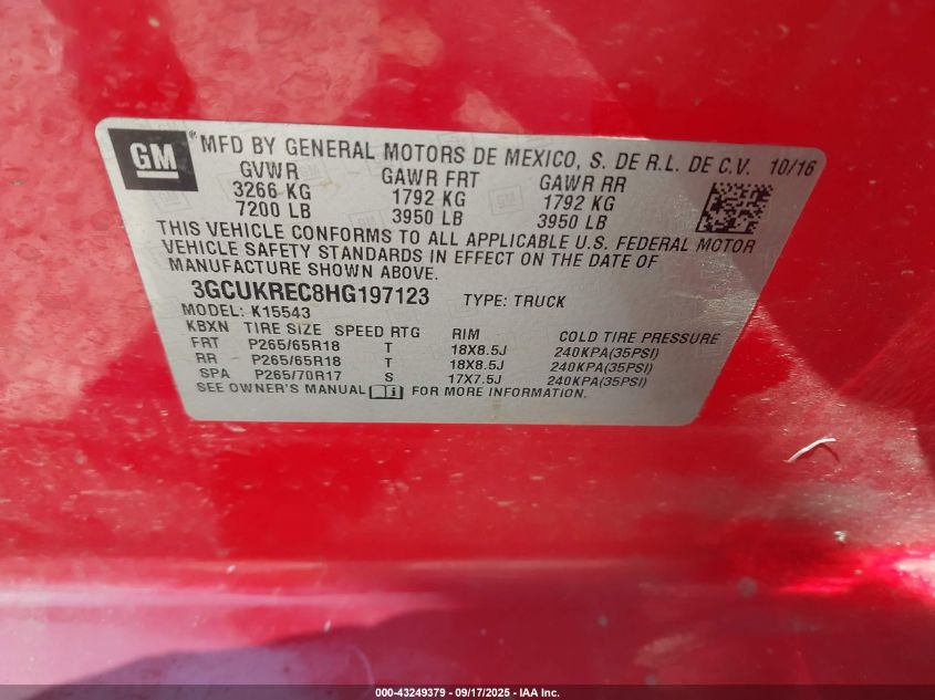 2017 Chevrolet Silverado 1500 2Lt VIN: 3GCUKREC8HG197123 Lot: 43249379
