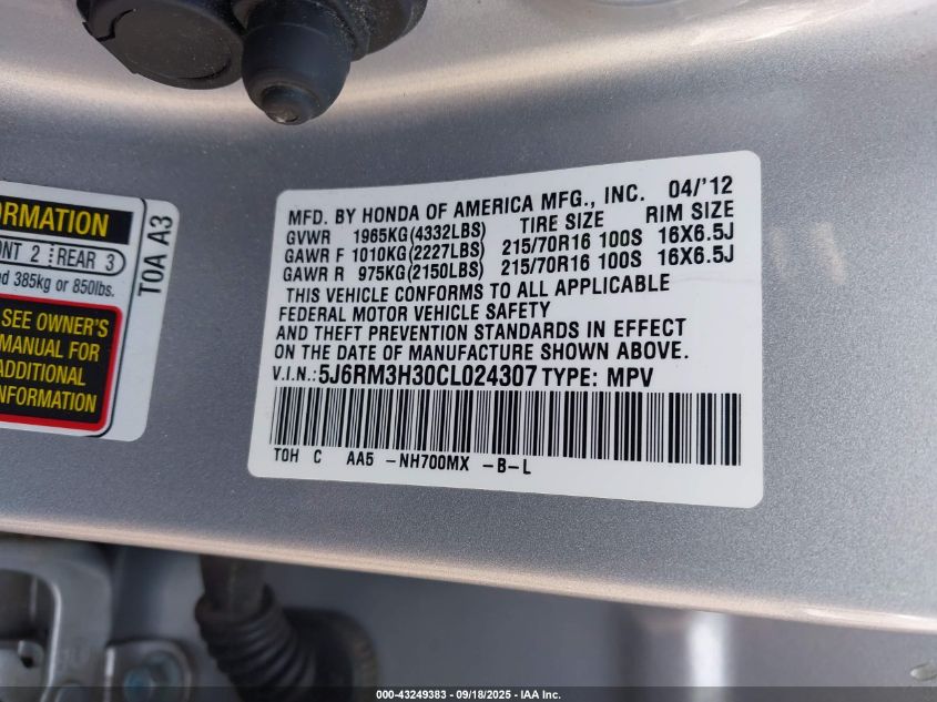 2012 Honda Cr-V Lx VIN: 5J6RM3H30CL024307 Lot: 43249383