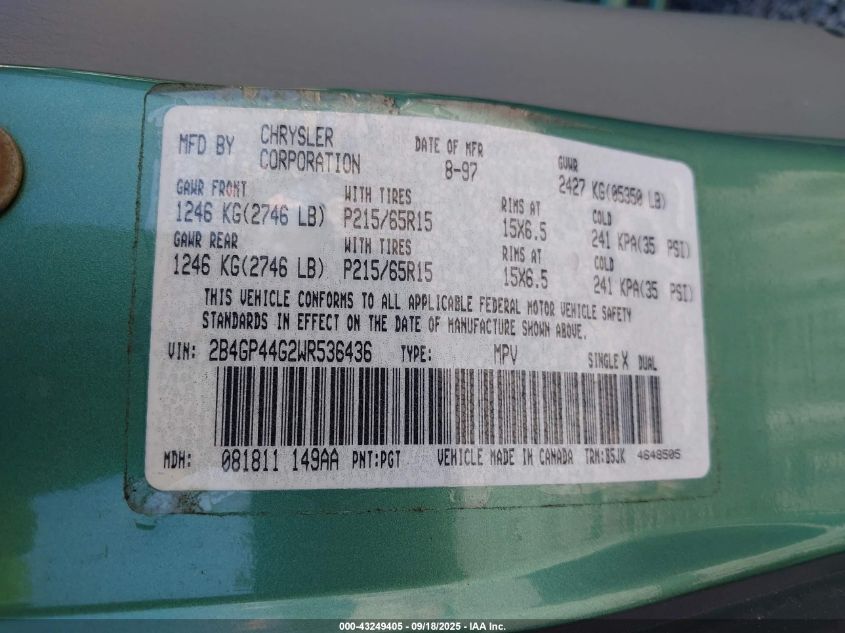 1998 Dodge Grand Caravan Se VIN: 2B4GP44G2WR536436 Lot: 43249405