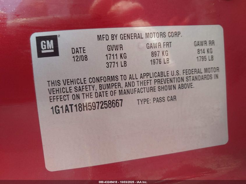 2009 Chevrolet Cobalt Lt VIN: 1G1AT18H597258667 Lot: 43249418