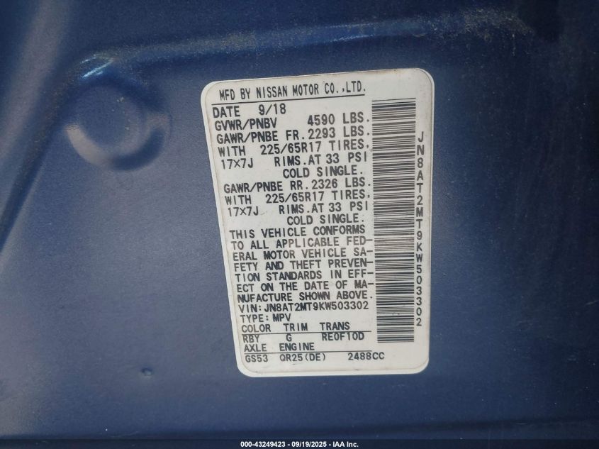 2019 Nissan Rogue Sv VIN: JN8AT2MT9KW503302 Lot: 43249423