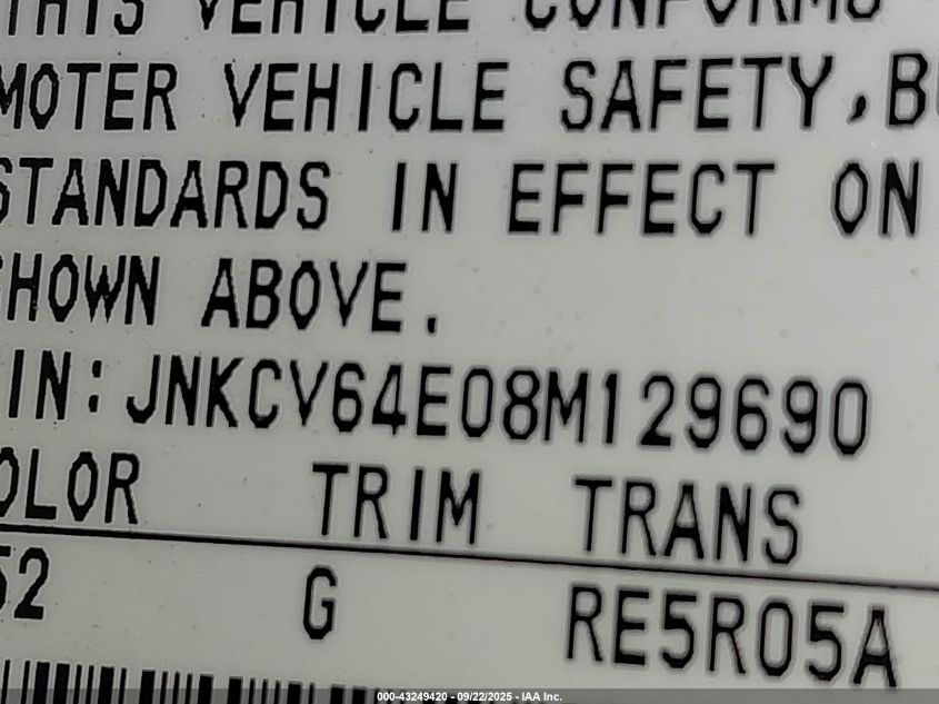 2008 Infiniti G37 Journey VIN: JNKCV64E08M129690 Lot: 43249420