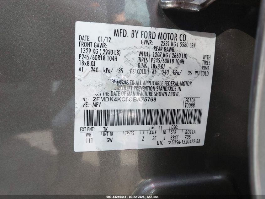 2012 Ford Edge Limited VIN: 2FMDK4KC5CBA75768 Lot: 43249441