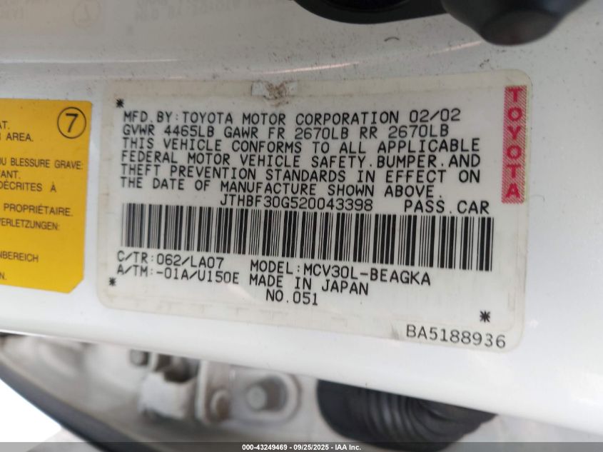 2002 Lexus Es 300 VIN: JTHBF30G520043398 Lot: 43249469