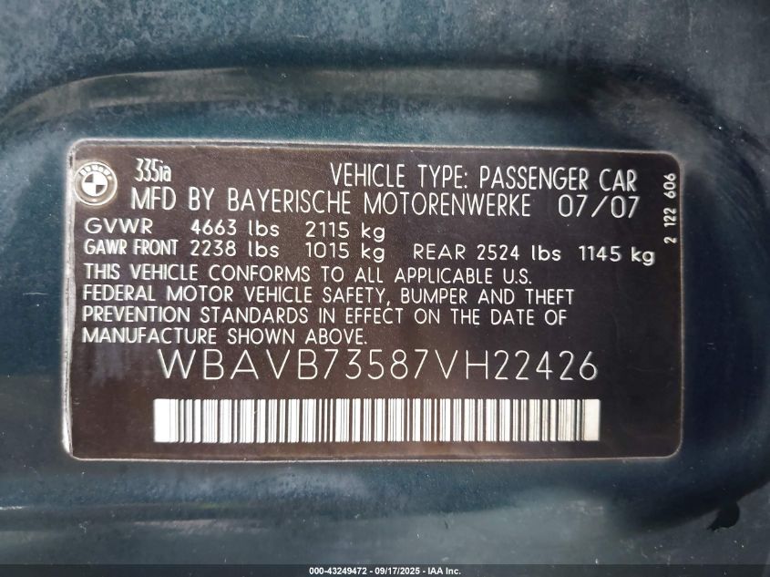 2007 BMW 335I VIN: WBAVB73587VH22426 Lot: 43249472